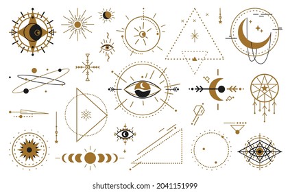 Magic witchcraft wicca occult symbols mystical geometric signs isolated. Vector esoteric, spiritual inspired magician mystical amulets. Magical signs, evil eye, celestial symbols of moon phase