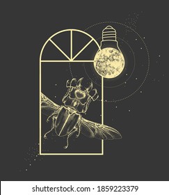 Magic witchcraft window silhouette with beetle and full moon like light bulb. Vector illustration