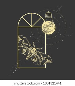 Magic witchcraft window silhouette with butterfly and full moon like light bulb. Vector illustration