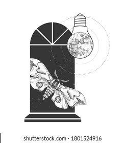 Magic witchcraft window silhouette with butterfly and full moon like light bulb. Vector illustration