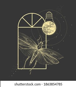 Magic witchcraft window silhouette with grasshopper and full moon like light bulb. Vector illustration