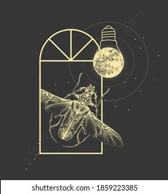Magic witchcraft window silhouette with longhorn beetle and full moon like light bulb. Vector illustration