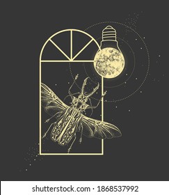 Magic witchcraft window silhouette with Saber tooth Longhorn beetle and full moon like light bulb. Vector illustration