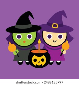 Magic Witches Halloween Vector Illustration.
