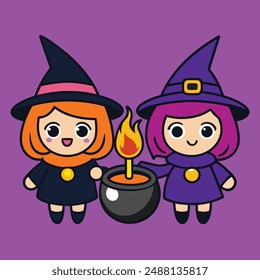 Magic Witches Halloween Vector Illustration.