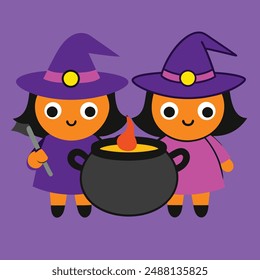 Magic Witches Halloween Vector Illustration.