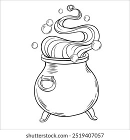 Magic witches pot hand drawn sketch vector illustration on white background.