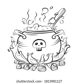 Magic Witch's cauldron with boiling potion on the fire. With the skull. Halloween. Vector. Isolated background.