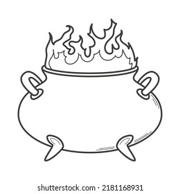 Magic witch's cauldron with flames. Coloring book element. Vector illustration for Halloween