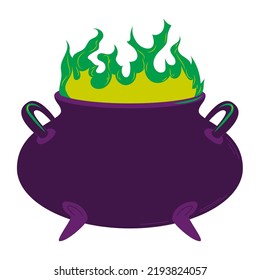 Magic witch's cauldron with green flames. Vector illustration for Halloween isolated on white background