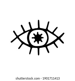 Magic witch's eye. All-seeing eye. Occult symbol, hand drawn black doodle outline. Stock vector illustration isolated on white background.