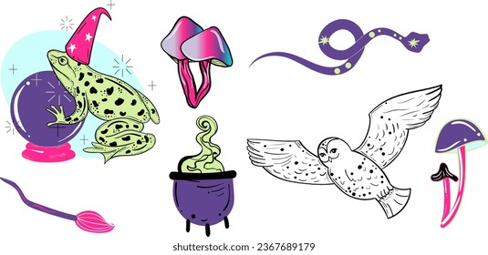 Magic witchy set, Halloween witchcraft watercolor vector elements isolated, cauldron, witch Broom, magical mushroom, mystical snake, potion and spell book