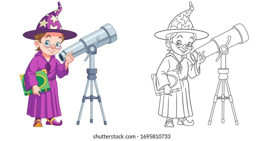 Magic wizard or astronomer with telescope. Coloring page and colorful clipart character. Cartoon design for t shirt print, icon, logo, label, patch or sticker. Vector illustration.