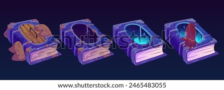 Magic wizard book with door and hole. Cartoon vector spooky witch literature. Mystery witchcraft handbook with paper pages and gap in hardcover to dungeon with glow smoke and monster or dragon paw.