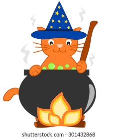 magic wizard cartoon orange cat and his cauldron vector illustration for kids