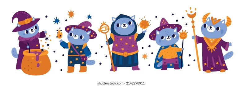 Magic wizard characters. Funny kitten sorcerers in capes and hats. Conjuring or brewing potions. Halloween cats in clothes. Warlocks with staffs and cauldron. Vector