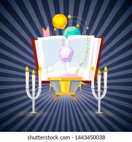 Magic and wizard collection of items to cast a magic spell background banner vector illustration. Accessories for making magical tricks, ancient book of dead shadows, planets.