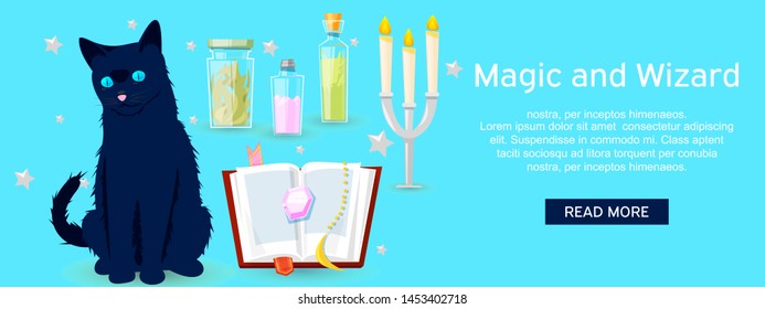 Magic and wizard collection of items to cast a magic spell website design banner vector illustration. Accessories for making magical tricks, ancient book of dead shadows. Black cat