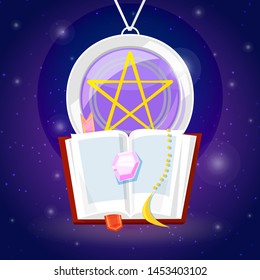 Magic and wizard collection of items to cast a magic spell background banner vector illustration. Accessories for making magical tricks, ancient book of dead shadows with shiny gemstones.