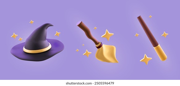 Magic wizard game icons - realistic 3d vector illustration set of magician tools and elements. Dark peaked witch hat, broomstick and mystery wand with stars and sparkles for Halloween design.