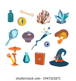 Magic wizard items set with mushrooms, eyes and mirror. Potion in bottles, magic wand, book with spells, multicolored energy crystals, witchs hat. Cartoon vector illustration.