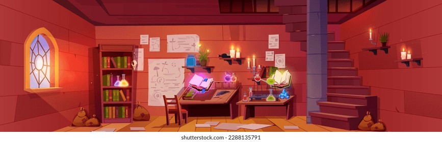 Magic wizard lab cartoon background. Medieval witch room interior with book shelf. Fairy tale mystery laboratory in castle tower with stairs. Alchemy glowing magician flask and floating elixir