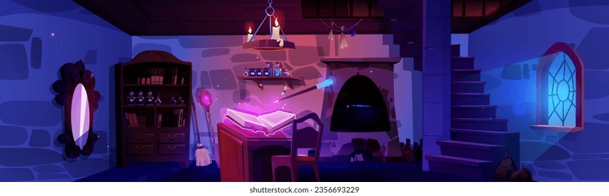 Magic wizard laboratory room background at night. Dark halloween alchemist house with staircase, cauldron and mirror. Moonlight from window in fantasy tower with gothic interior and spell book glowing