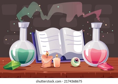 Magic wizard room fairy laboratory concept. Vector design element cartoon illustration
