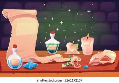 Magic wizard room school workplace table concept. Vector graphic design illustration 