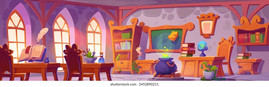 Magic wizard school classroom interior. Cartoon medieval schoolhouse inside with fantasy elements - witch cauldron, wooden table and chair with book and potion ingredients, cabinet with literature.