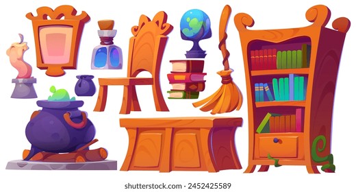 Magic wizard school furniture and equipment. Cartoon medieval class room interior elements - witch cauldron with potion, wooden table and chair, cabinet with books and broom stick, candle and orb.