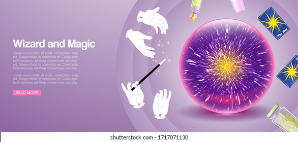 Magic and wizard show banner with magic wand in gloves, sphere, cards magician perfomance vector illustration. Wizard illusionist show background.