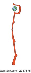 Magic wizard staff flat line color isolated vector object. Wooden stick with globe. Editable clip art image on white background. Simple outline cartoon spot illustration for web design