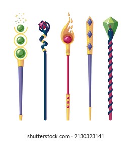 Magic Wizard Staff Sat. Magic Wand. Wizard Items. Vector Illustration