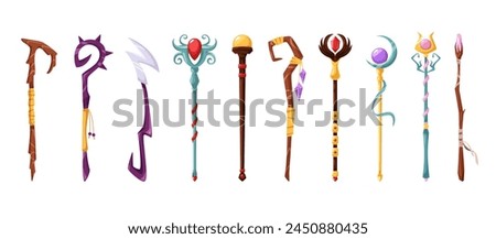 Magic wizard sticks. Magical staff, wizard weapon and shaman wands cartoon fantasy game assets isolated vector illustration set of stick wizard isolated, wand fantasy magician halloween