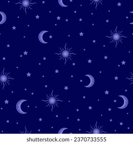 mágico asistente de estrellas de luna de sol sin problemas. cielos celestes de media luna azul. bueno para tela, papel pintado, ropa de dormir por la noche, fondo, pijama, diseño de moda, textil, fondo.