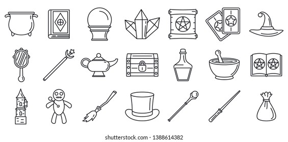 Magic wizard tools icons set. Outline set of magic wizard tools vector icons for web design isolated on white background