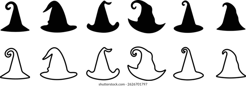 Magic Wizard Witch Hats showing cap a black witch hat icon in flat line set isolated on a transparent background. Halloween holiday Vector Design for apps or website