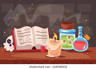 Magic wizard witch room staff workplace concept. Vector flat graphic design illustration