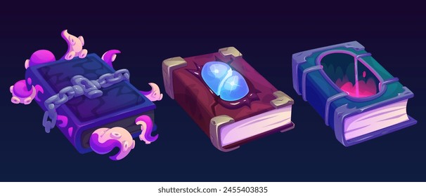 Magic wizard or witchcraft books with fantastic hardcovers. Cartoon vector game ui assets set of closed fantasy ancient textbooks with mystery spells or sorcerer recipe. Fairytale myth grimoire.