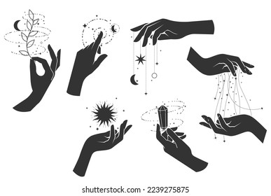 Magic, wizardry and fortune-telling, woman hands practicing witchcraft, incantation, magic spells and sorcery of sorceress, vector 