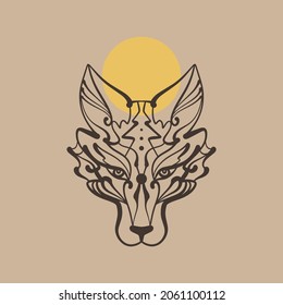 Magic wolf spiritual animal. Modern witchcraft mystic logo. Mystical magical astrology moon symbol. Flat line ornate art.