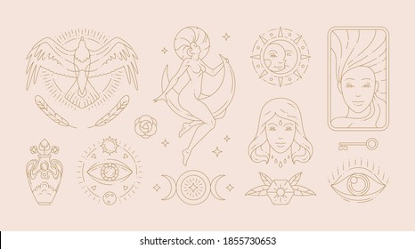 Magic woman boho vector illustrations of graceful feminine women and esoteric symbols set. Mysterious and witchcraft line art design elements. Bohemian silhouettes for greeting card, logo or poster.