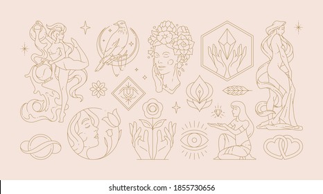 Magic woman boho vector illustrations of graceful feminine women and esoteric symbols set. Mysterious and witchcraft line art design elements. Bohemian silhouettes for greeting card, logo or poster.