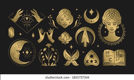 Magic woman boho vector illustrations of graceful feminine women and esoteric symbols set. Mysterious and witchcraft line art design elements. Bohemian silhouettes for greeting card, logo or poster.