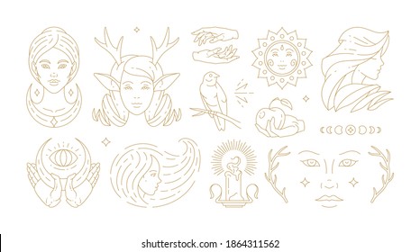 Magic woman boho vector illustrations of graceful feminine women and esoteric symbols set. Mysterious and witchcraft line art design elements. Bohemian silhouettes for greeting card, logo or poster.