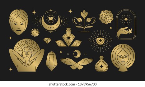 Magic woman boho vector illustrations of graceful feminine women and esoteric symbols set. Mysterious and witchcraft line art design elements. Bohemian silhouettes for greeting card, logo or poster.