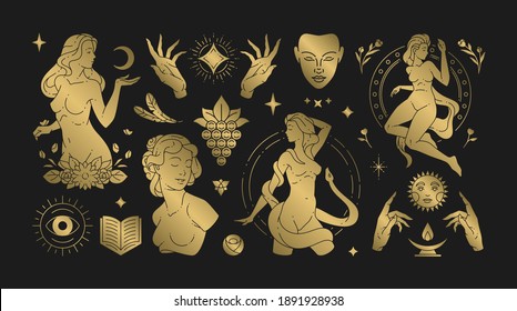 La mujer mágica ilustraciones vectoriales de las elegantes mujeres femeninas y de los símbolos esotéricos establecidos. Elementos de diseño de líneas de arte misterioso y brujería. Siluetas bohemias para tarjeta de saludo, logotipo o afiche.