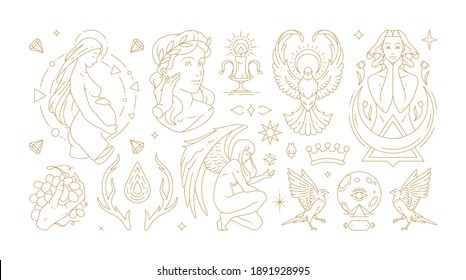 Magic woman boho vector illustrations of graceful feminine women and esoteric symbols set. Mysterious and witchcraft line art design elements. Bohemian silhouettes for greeting card, logo or poster.