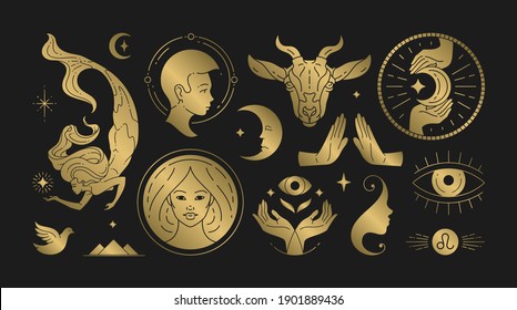 Magic woman boho vector illustrations of graceful feminine women and esoteric symbols set. Mysterious and witchcraft line art design elements. Bohemian silhouettes for greeting card, logo or poster.